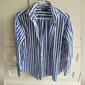 Ralph Lauren Women's Blue and White Striped Shirt, Size 8